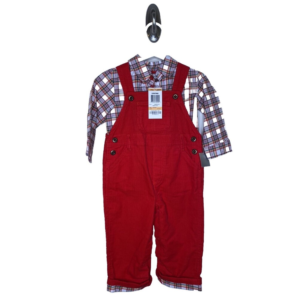 First Impressions Two Piece Christmas Red Overalls & Plaid Shirt Set